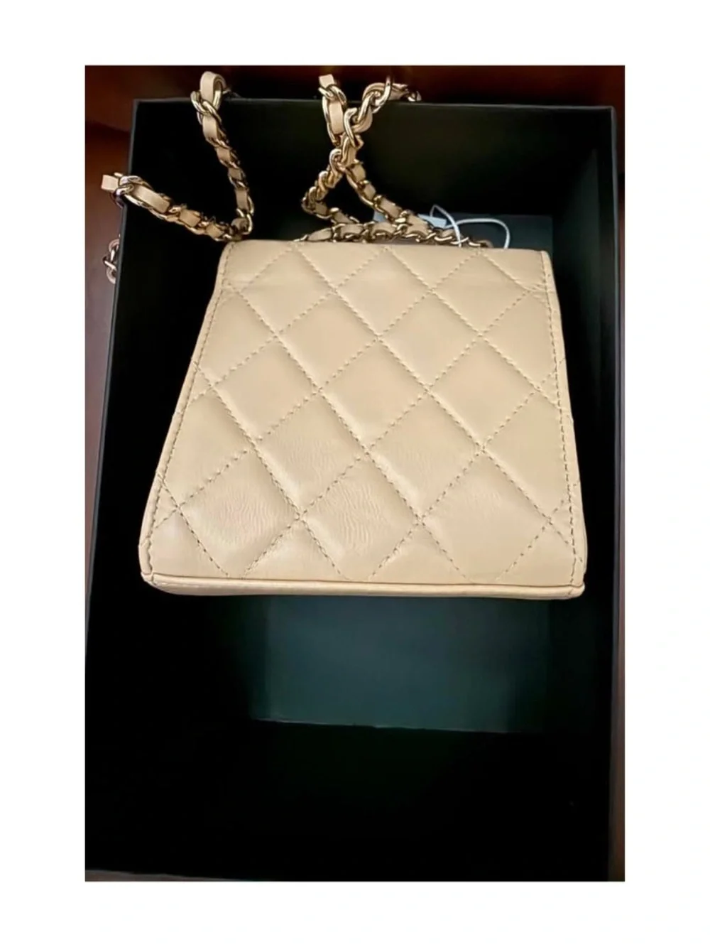 CHANEL Beige Quilted Lambskin Mini Chain Shoulder Bag with Gold CC